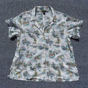 Eddie Bauer Womens TL Lightweight 100% Cotton Fishing Pattern Button-Up Summer S